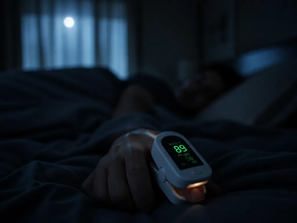 A close-up macro photograph of a small white pulse oximeter clipped onto an index…