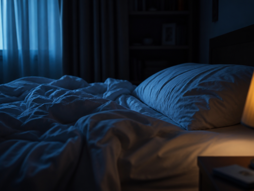 Photorealistic close-up of an empty, rumpled bed at night, seen from a low angle…