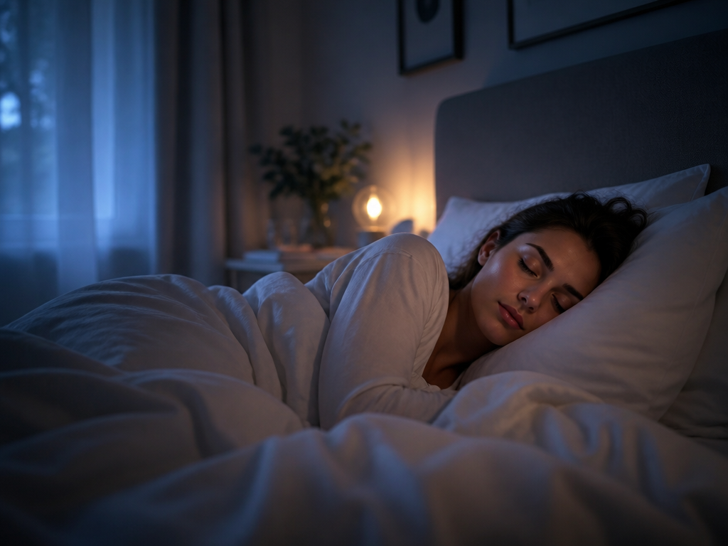 A serene overhead photograph of a person peacefully asleep in a softly lit bedroom…