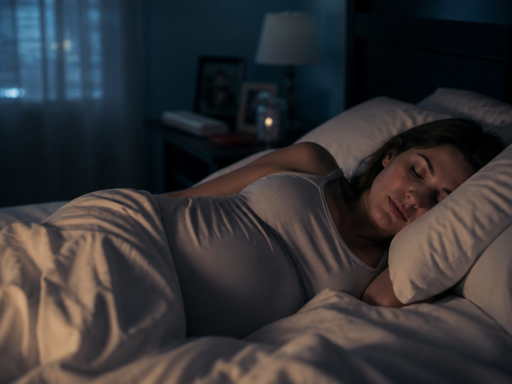 A photorealistic nighttime bedroom scene captured with a 50mm lens at f/1.8, shallow depth…