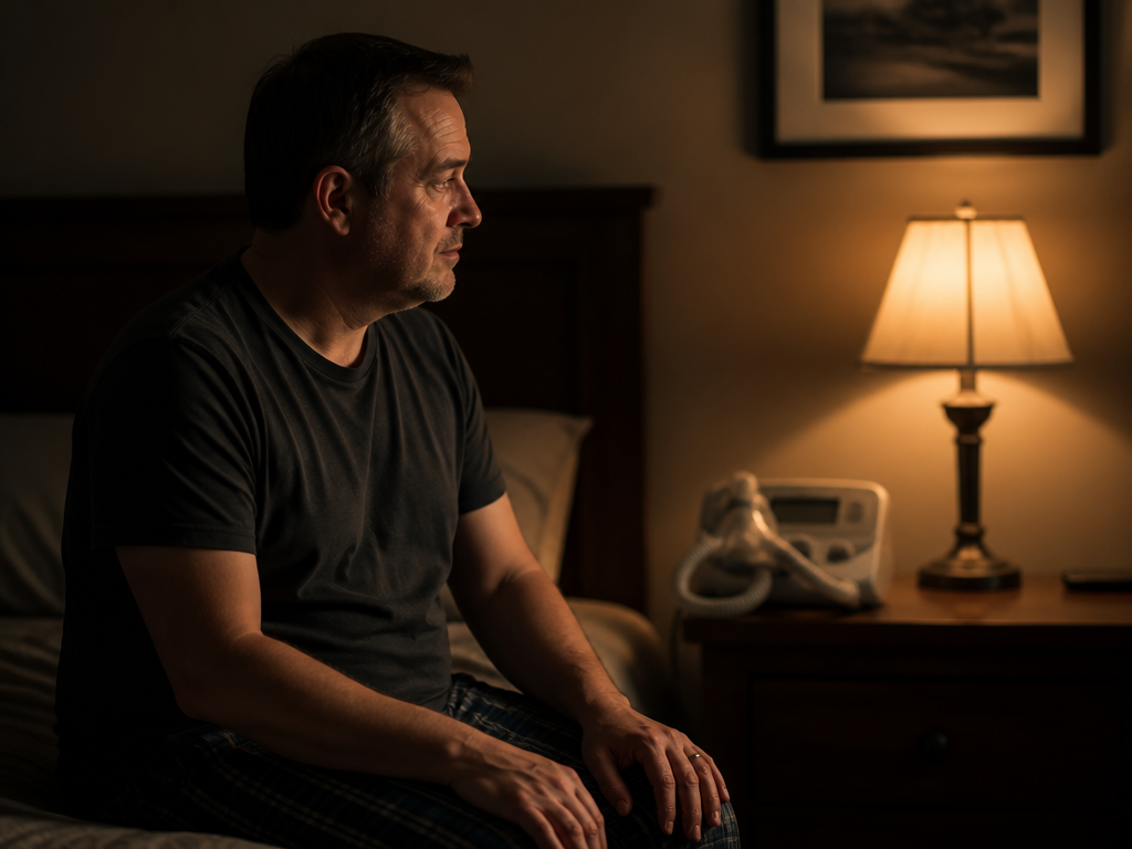 A photorealistic portrait of a middle-aged person sitting on the edge of their bed…