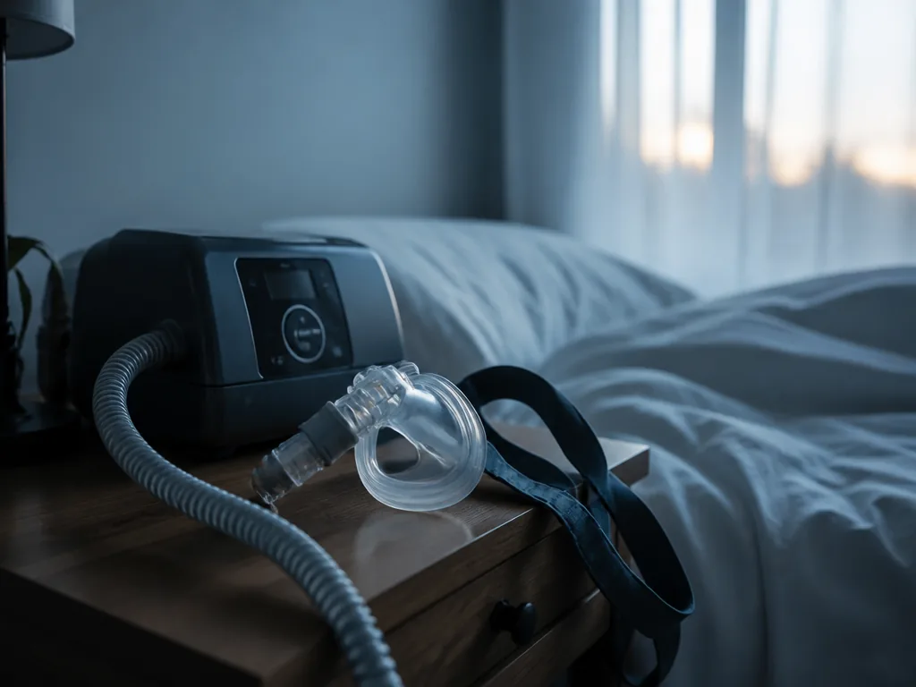 A photorealistic close-up of a modern CPAP machine resting on a wooden nightstand beside…