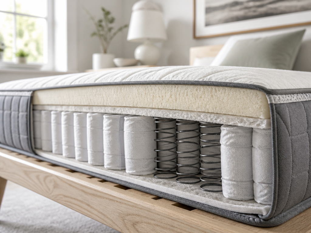 A close-up product-style photograph of a cutaway hybrid mattress on a minimalist wooden bed…