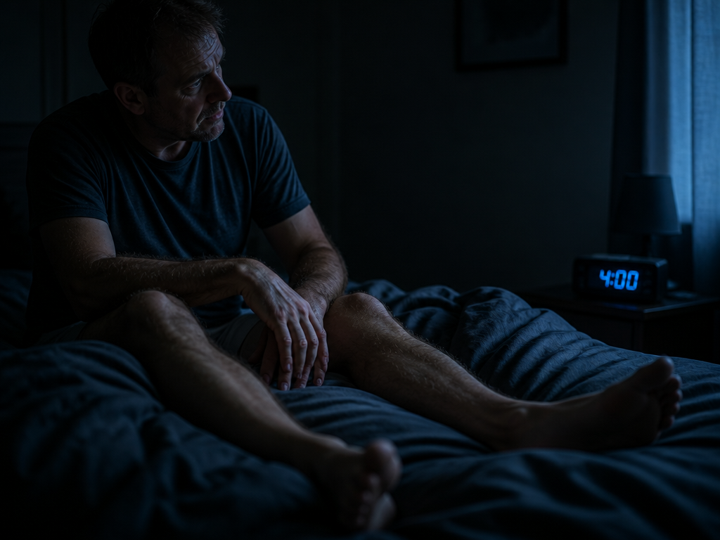 A photorealistic nighttime portrait of a middle-aged man sitting on the edge of a…