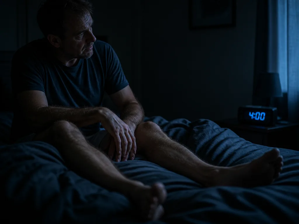 A photorealistic nighttime portrait of a middle-aged man sitting on the edge of a…