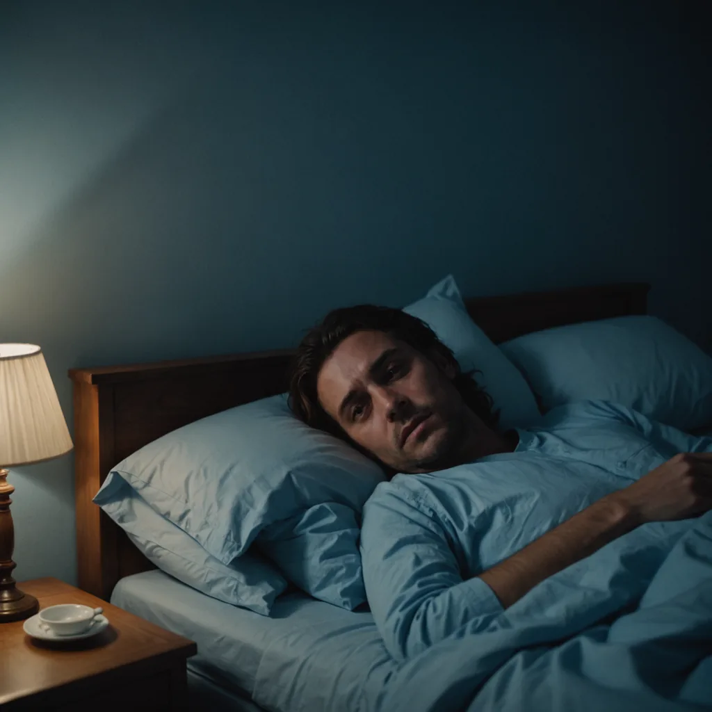 A dimly lit bedroom at 3am, a person lying awake on their back in…