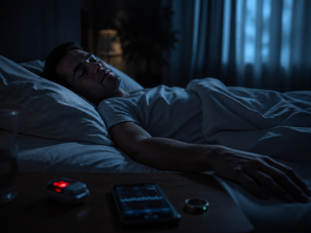 A dark, intimate bedroom scene at 3 a.m., a person lying on their back…