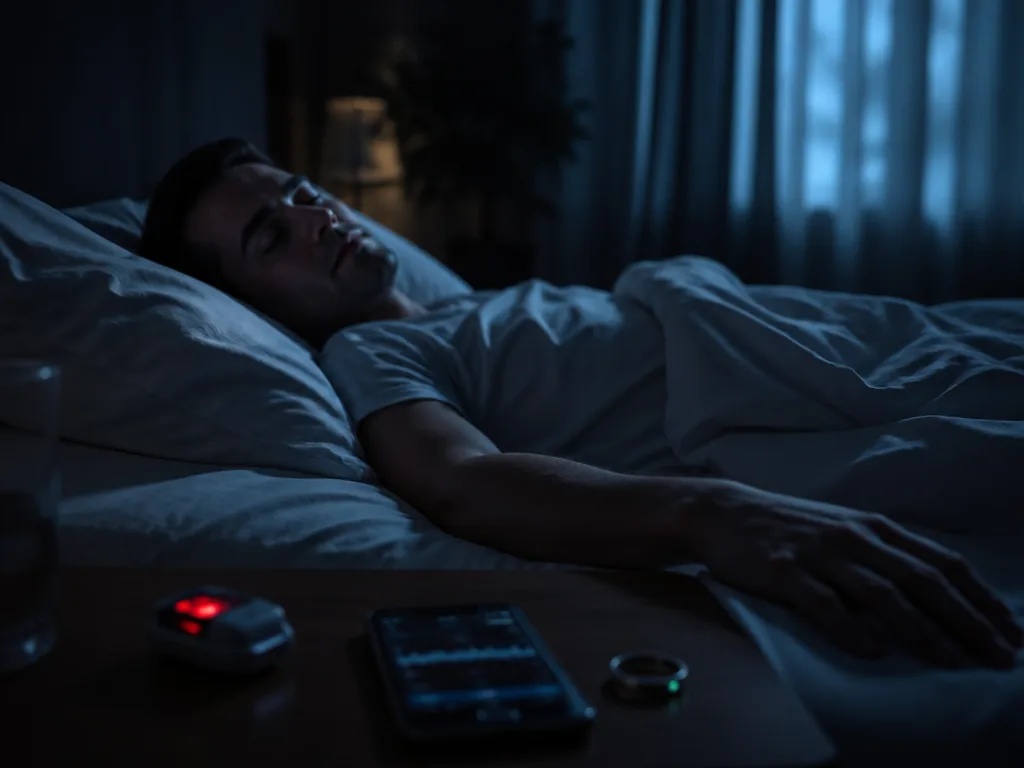 A dark, intimate bedroom scene at 3 a.m., a person lying on their back…