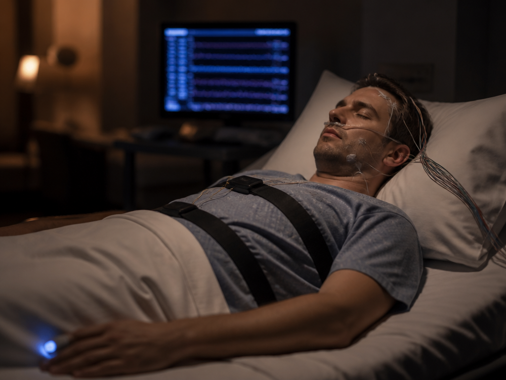A photorealistic wide shot inside a modern sleep laboratory at night, a patient lying…
