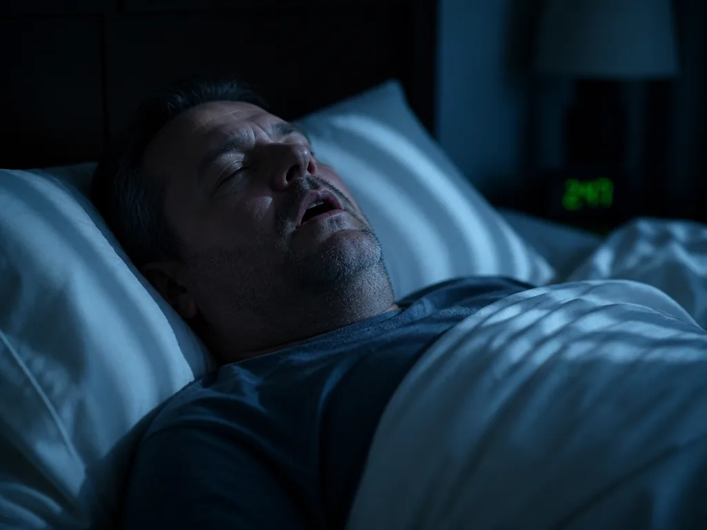 A photorealistic close-up of a middle-aged man asleep on his back in a dim…