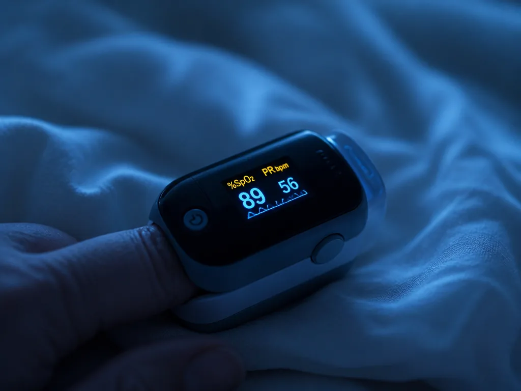 A close-up macro photograph of a fingertip pulse oximeter glowing in the dim blue…