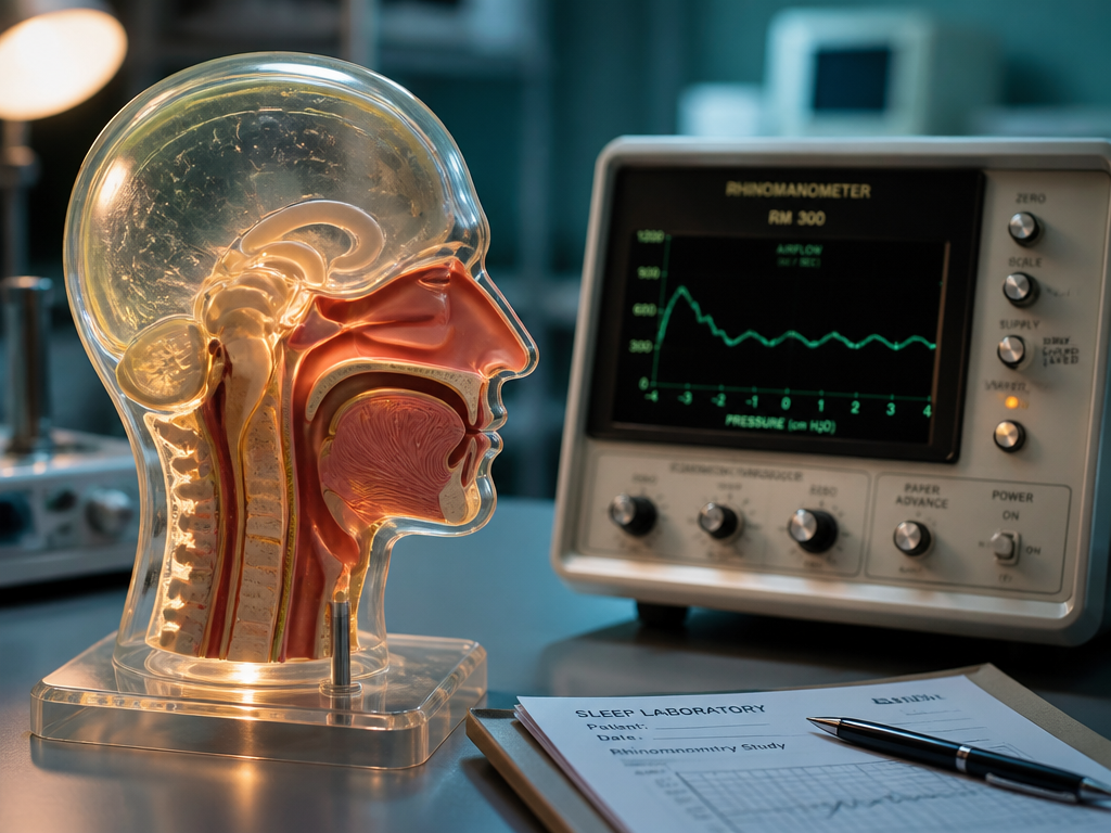 A clinical still-life on a doctor's desk in a sleep laboratory: a translucent medical…