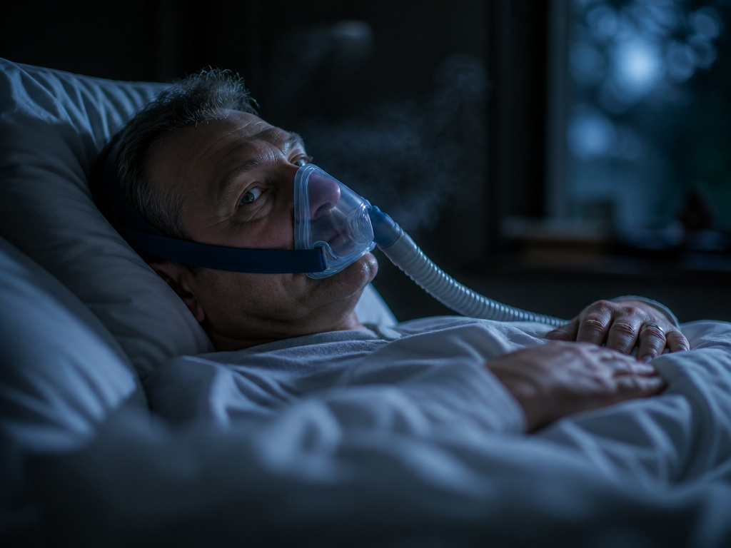 A close-up nighttime portrait of a middle-aged man lying awake on his back in…