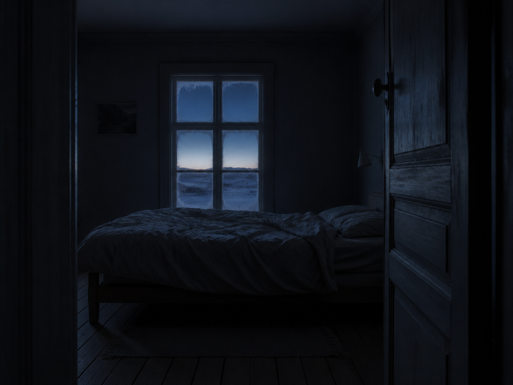 A photorealistic atmospheric interior at high latitude in deep winter, an empty bedroom shot…
