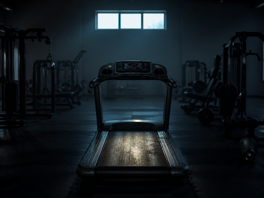 A photorealistic wide shot of a dimly lit gym at dawn, a single empty…