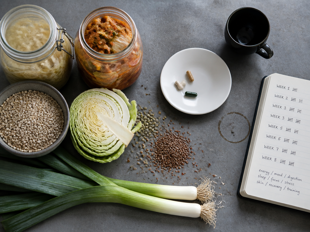 An overhead flat-lay on a scuffed grey kitchen counter, shot straight down under soft…