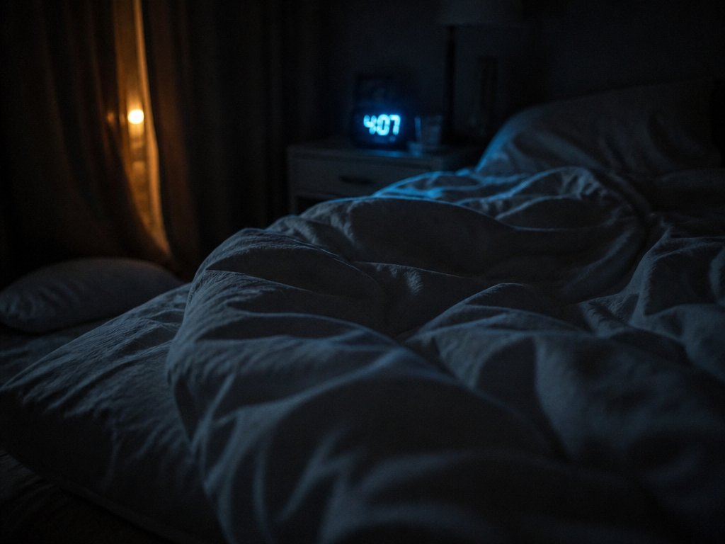 A dim bedroom at 4:07 a.m., photographed from a low tripod angle at the…