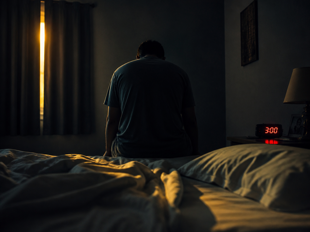 A dimly lit bedroom photographed at 3 a.m., shot from a low angle at…