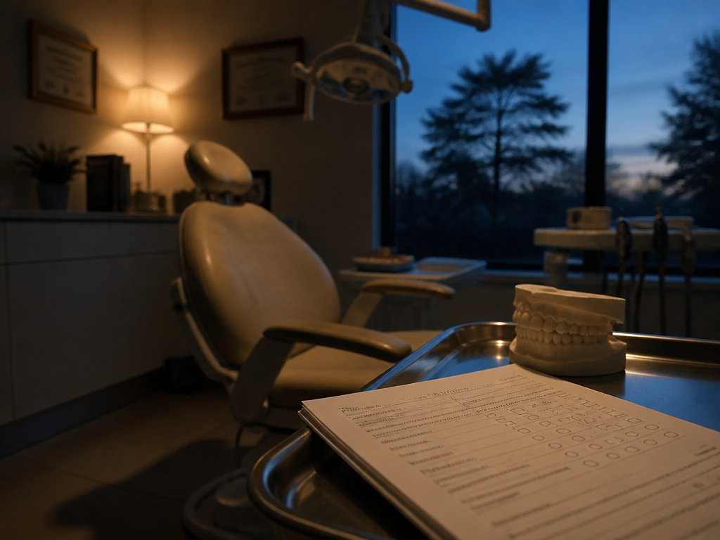 Photorealistic still life in a clinical dental consultation room at dusk, no people present…