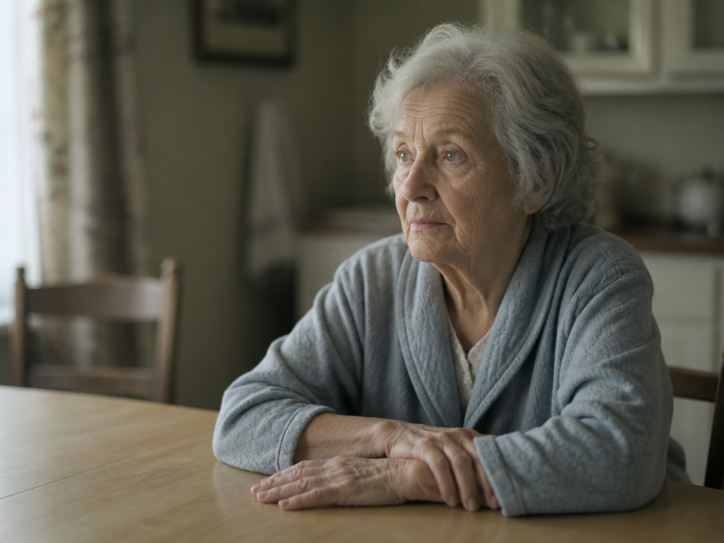 Photorealistic documentary portrait of an older woman in her late seventies seated alone at…
