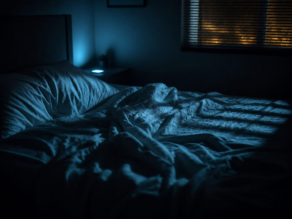 A dim bedroom at 3 a.m. shot from a low corner angle, rumpled white…
