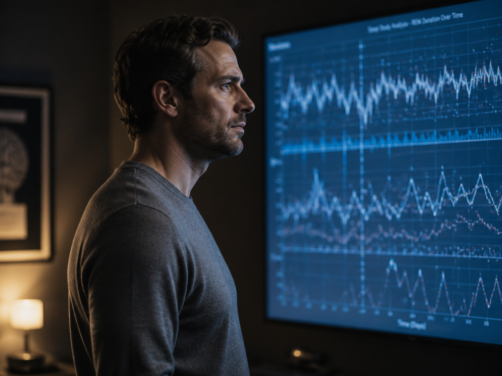 A researcher in a plain grey sweater standing in profile before a large wall-mounted…