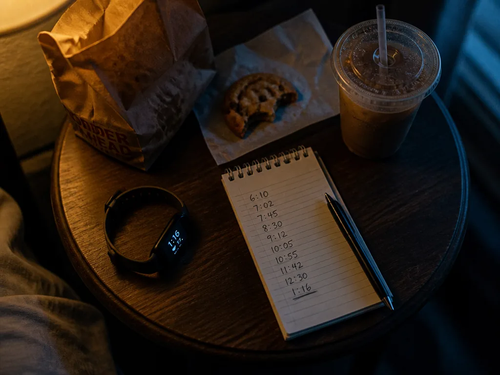 A photorealistic overhead night photograph of a small round bedside table shot from directly…