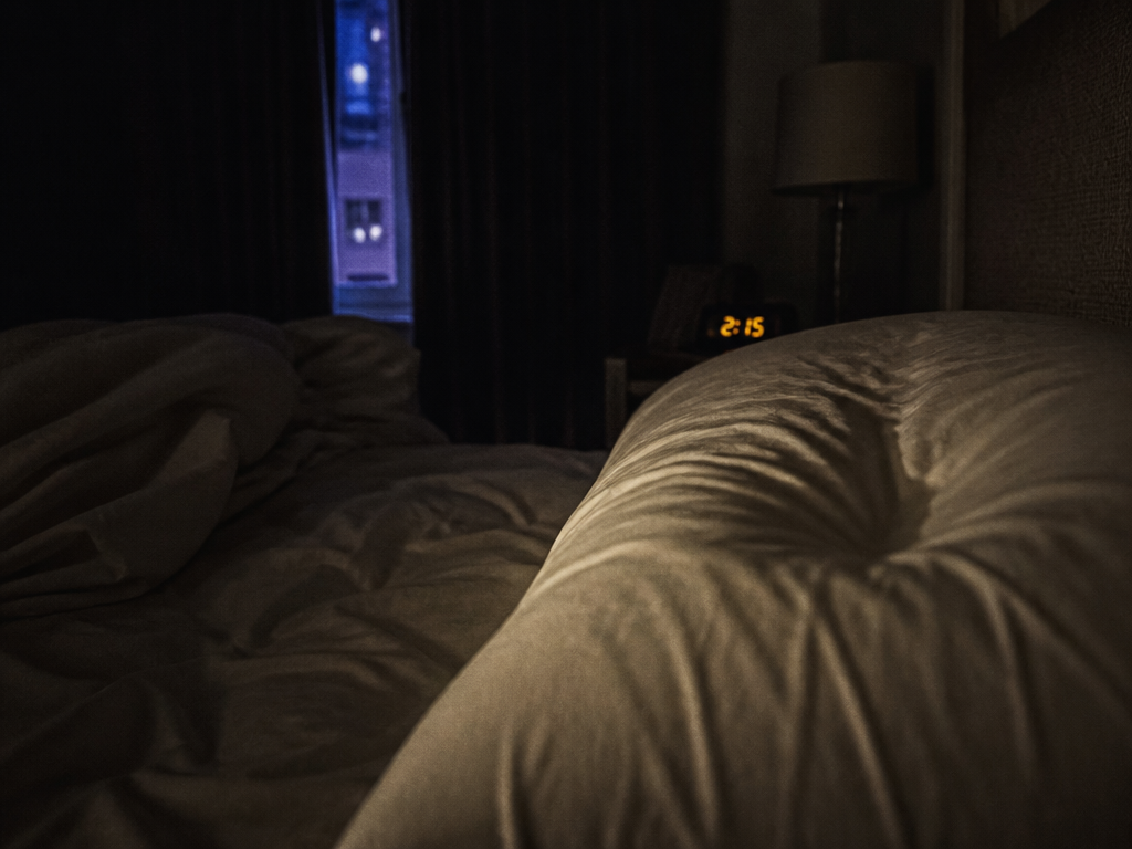 A photorealistic nighttime interior photograph of a dark bedroom shot at 2:15 AM, camera…
