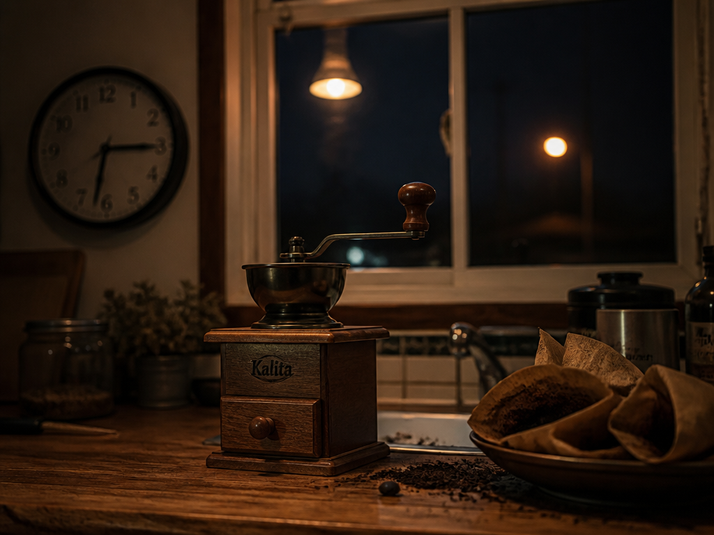 A photorealistic editorial photograph of a small kitchen counter at 6:15 in the morning…