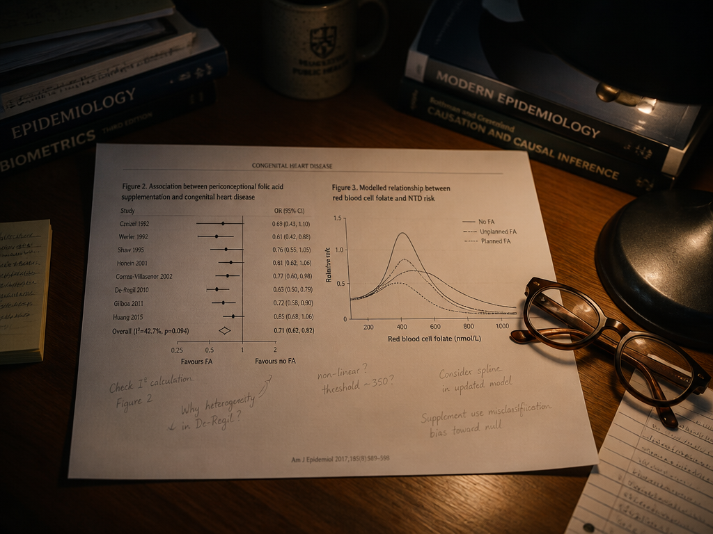 A close overhead photograph of a scientist's desk in a dim university office lit…