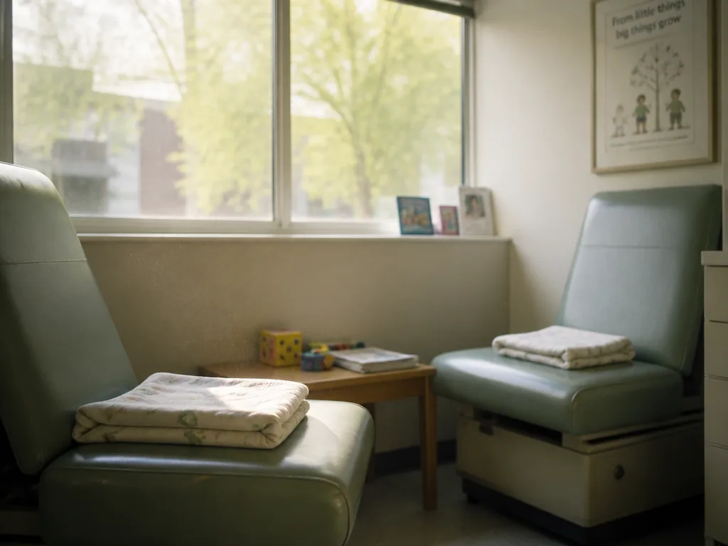 A quiet pediatric consultation room photographed in soft late-morning light through a wide window…