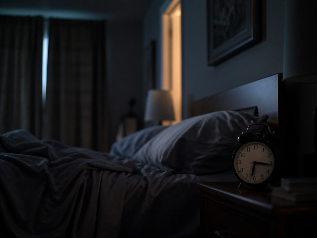 An unmade bed in a suburban bedroom photographed from a low angle at floor…