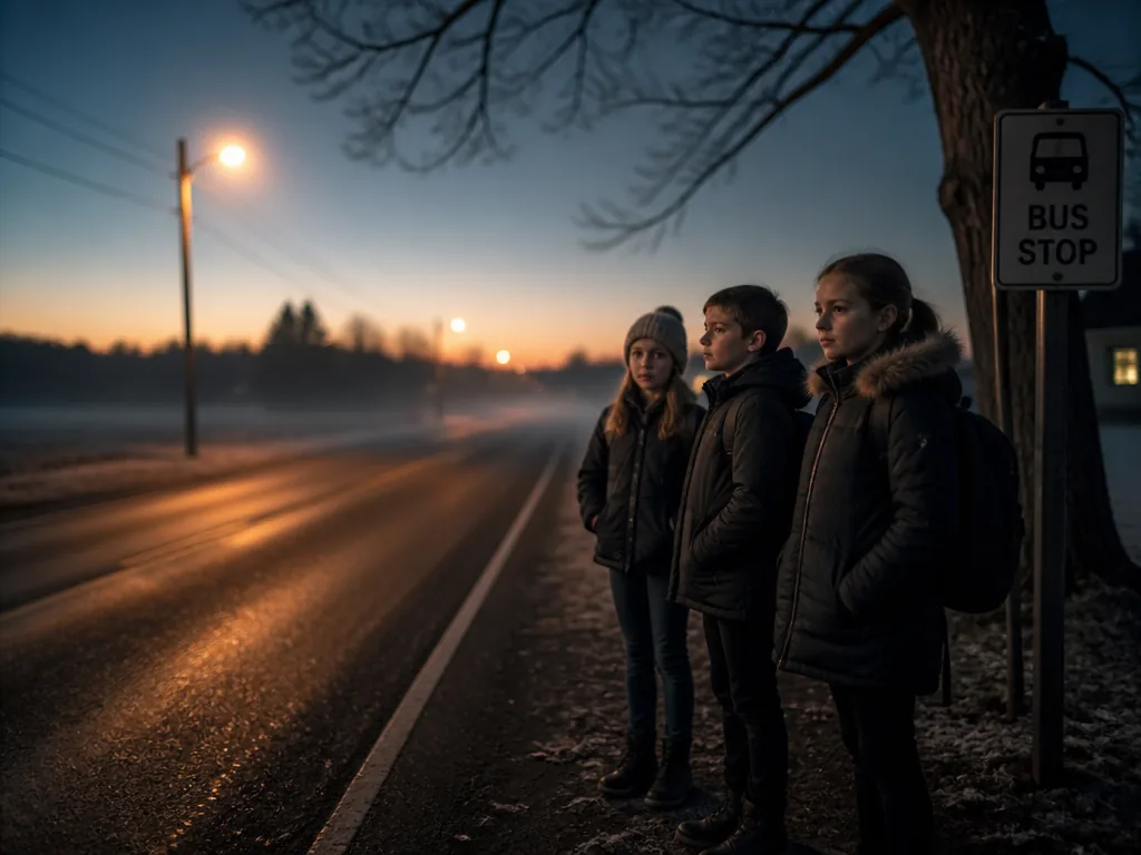 A residential bus stop at the edge of a rural two-lane road on a…