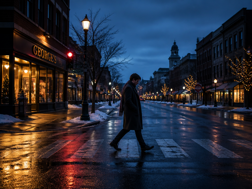 A wide environmental portrait of a small-town main street at 7:40 in the morning…