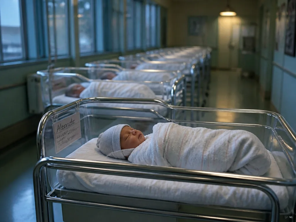A quiet hospital nursery corridor at dawn photographed in documentary style: rows of identical…