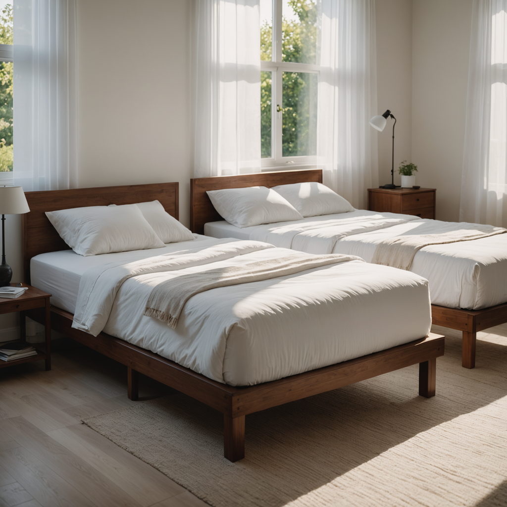 A clean, minimalist bedroom photographed in soft morning light, featuring two queen-size white foam…
