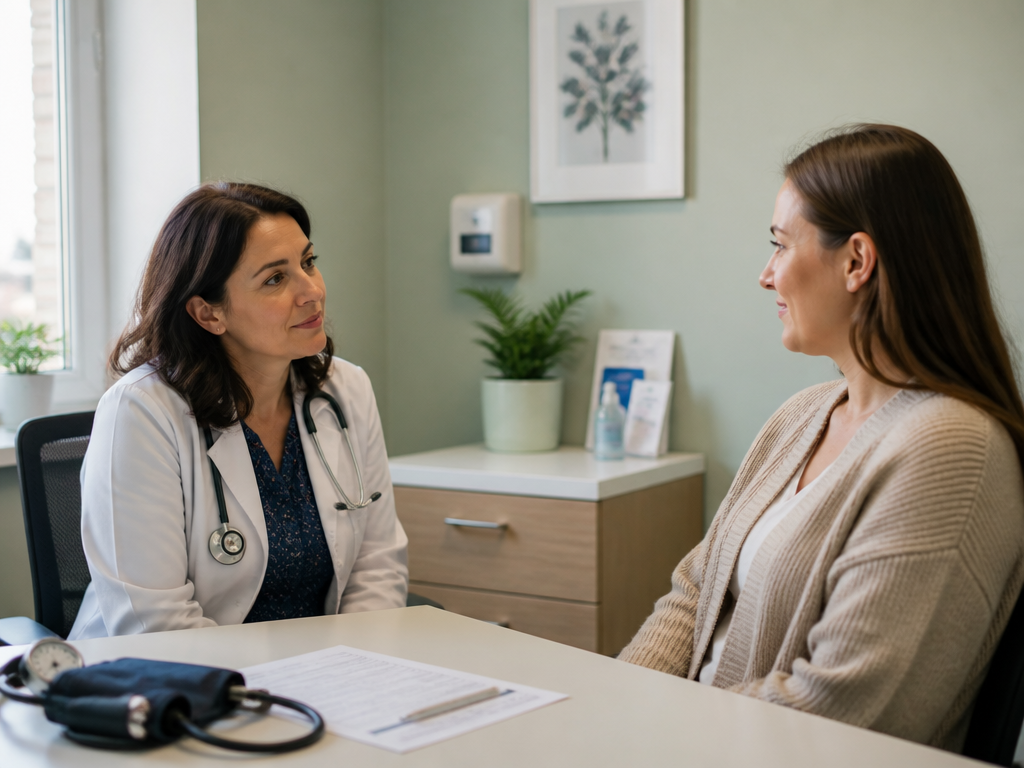 A daylit GP consulting room photographed as a calm two-shot across a plain desk…
