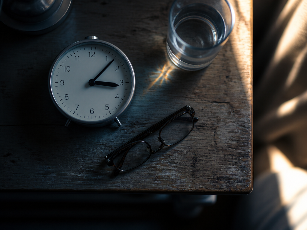 A close overhead still life of a bedside table at first light, shot straight…