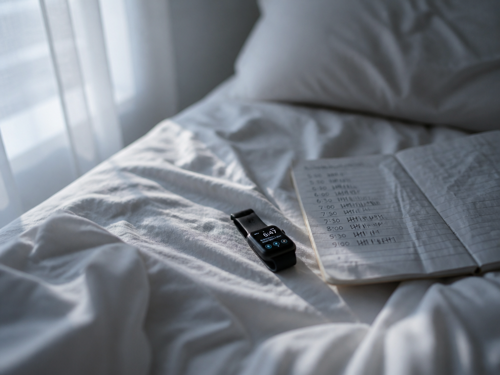 A photorealistic overhead shot of a rumpled white bed at dawn, empty and unmade…
