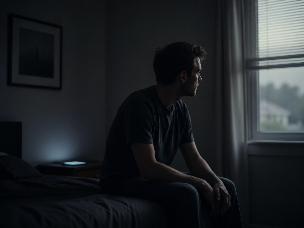 A photorealistic environmental portrait of a person sitting alone at the edge of a…