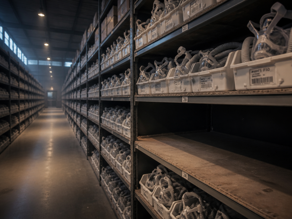 A wide, quiet medical supply warehouse photographed at dusk, endless steel shelving receding into…