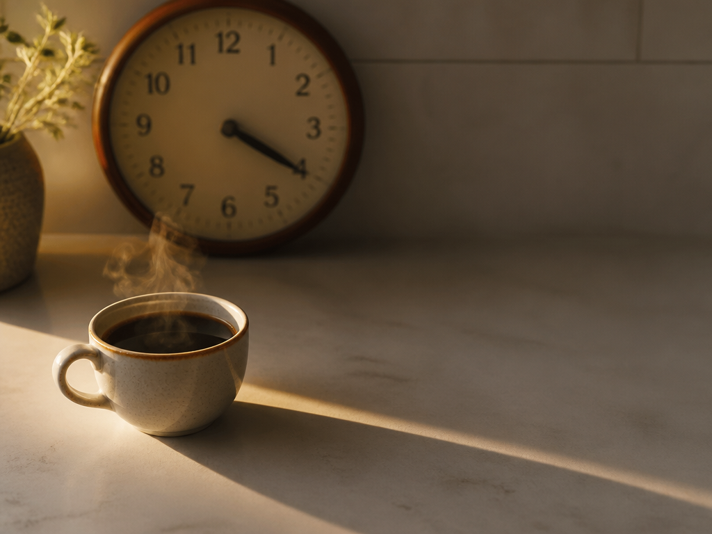 A photorealistic still life of a single ceramic cup of black coffee on a…