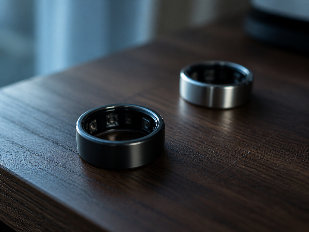 A close-up macro photograph of two smart rings resting on a dark walnut nightstand…
