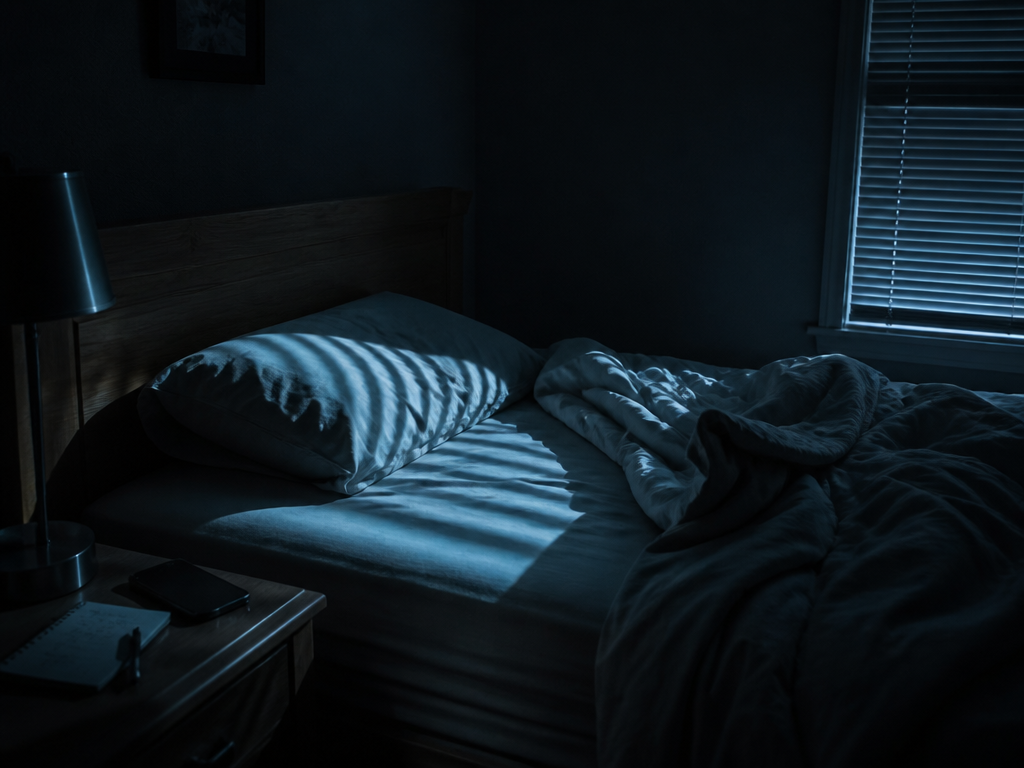 A photorealistic wide shot of an empty bedroom at 2am, sheets rumpled and thrown…