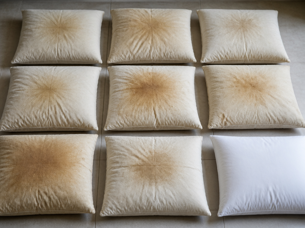 A close-up overhead photograph of nine aged bed pillows laid out in a grid…