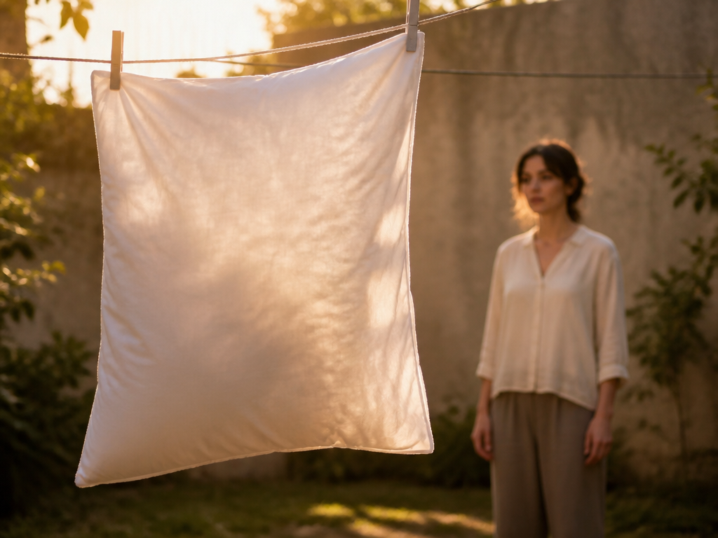 A backlit photograph of a freshly laundered white pillow hanging on an outdoor line…