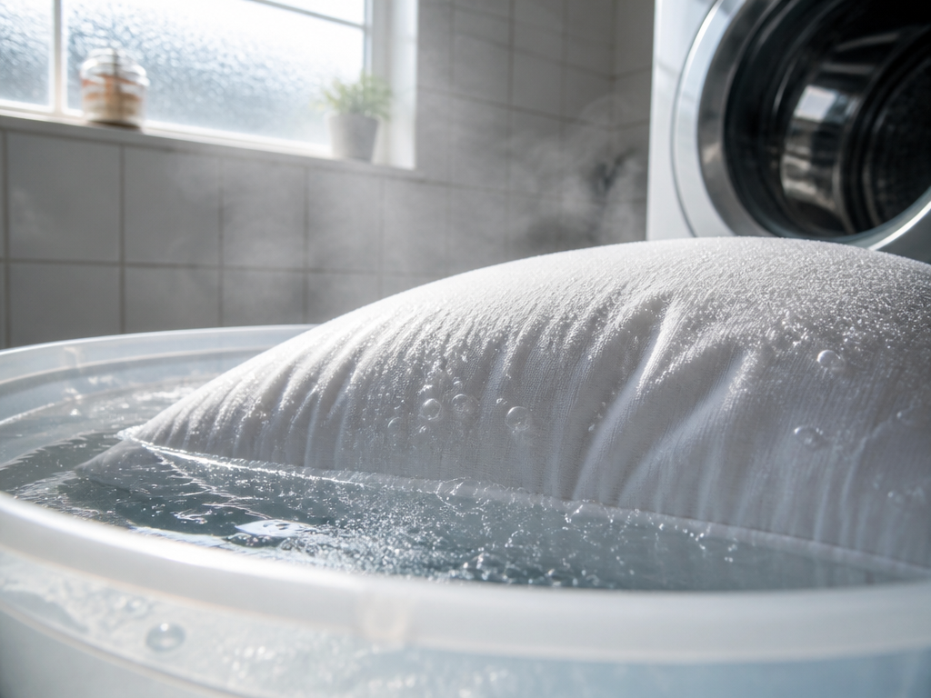 A photorealistic laundry room scene at midday: a white pillow submerged in a translucent…