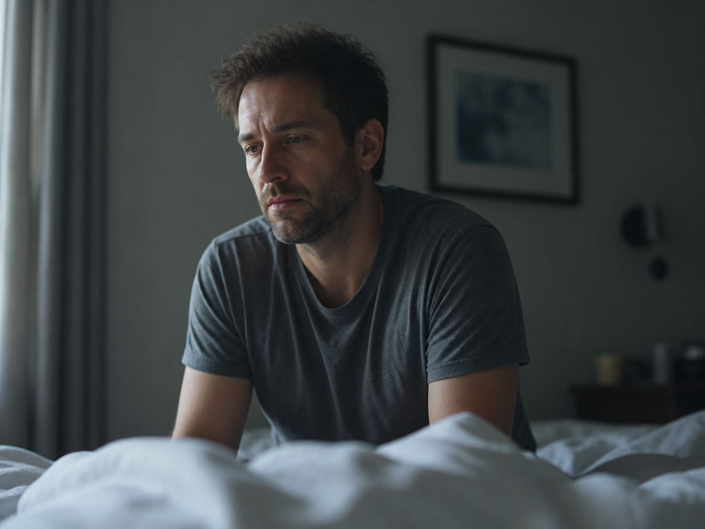 A photorealistic environmental portrait of a person in their late thirties sitting at the…