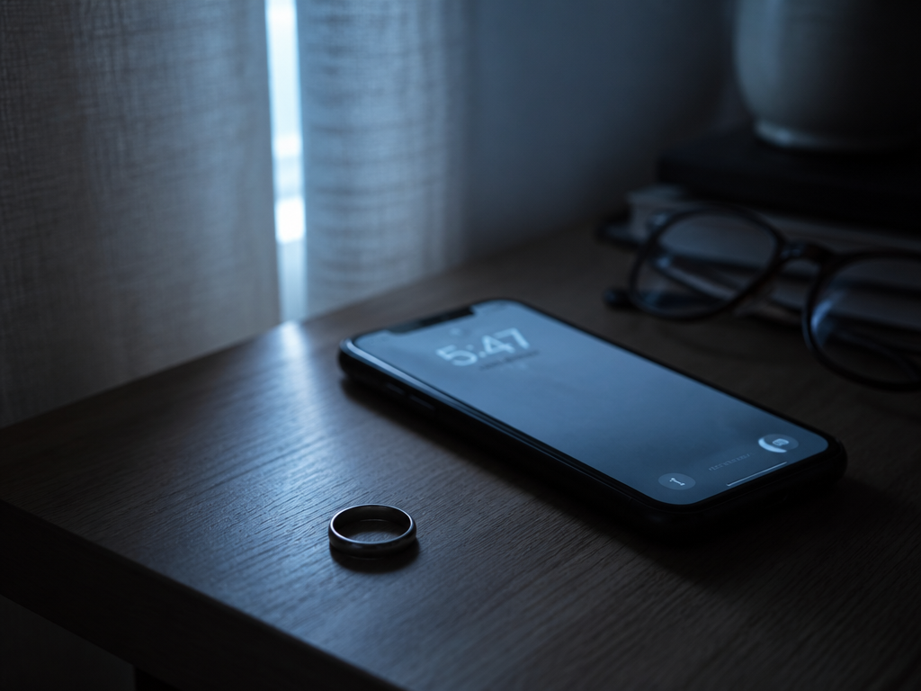 A close-up photorealistic photograph of a nightstand at dawn, shot on a 50mm lens…