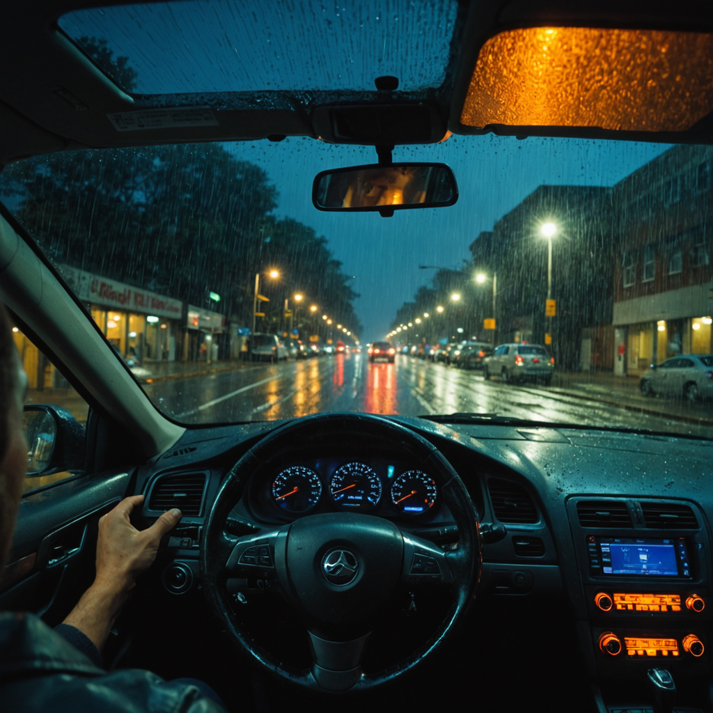 A lone car's view through a rain-flecked windshield at 4:47 a.m., the road ahead…